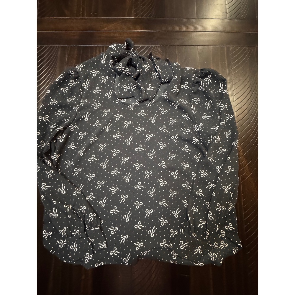 Loft Petites Black White Bow Polka Dot Tie Neck Blouse SP